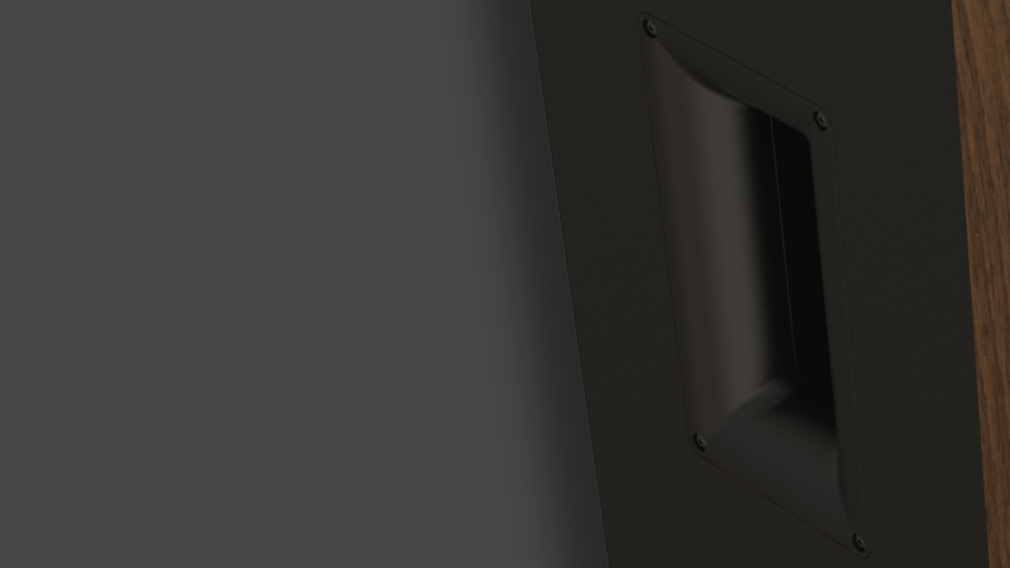 Reference Premiere II closeup of rear tractrix port on floorstanding speaker